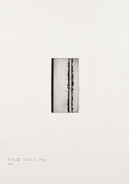 Barnett Newman

Note X (State I), 1968

Etching, printed in black on Italia white wove paper

5 15/16 x 2 15/16 inches, Plate

19 7/8 x 14 inches, Sheet

Edition of 7

Private Collection