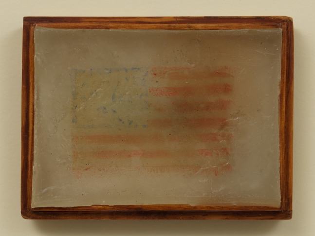 Jasper Johns (b. 1930)
Flag, 1958
Print silk covered with paraffin with wood frame
2 3/4 x 3 3/4 inches, including frame