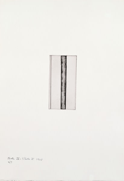 Barnett Newman

Note IX (State I), 1968

Etching, printed in black on Italia white wove paper

5 15/16 x 2 15/16 inches, Plate

19 7/8 x 14 inches, Sheet

Edition of 7

Private Collection