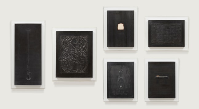 Jasper Johns

Lead Reliefs, 1969&amp;nbsp;
Six lead reliefs with some variations: embossed sheet lead with mirror (High School Days); with tin leaf and cast gold (The Critic Smiles); and with oil on paper hand-painted by the artist (Bread)&amp;nbsp;
39 x 17 inches, Light Bulb&amp;nbsp;

30 x 23 1/2 inches, 0 through 9&amp;nbsp;

23 x 17 inches, Bread&amp;nbsp;

23 x 17 inches, High School Days&amp;nbsp;

17 x 23 inches, Flag&amp;nbsp;
23 x 17 inches, The Critic Smiles&amp;nbsp;
Edition of 60&amp;nbsp;

ULAE 72-6, 84; Gemini 129-33, 189; Field 118-22, 129