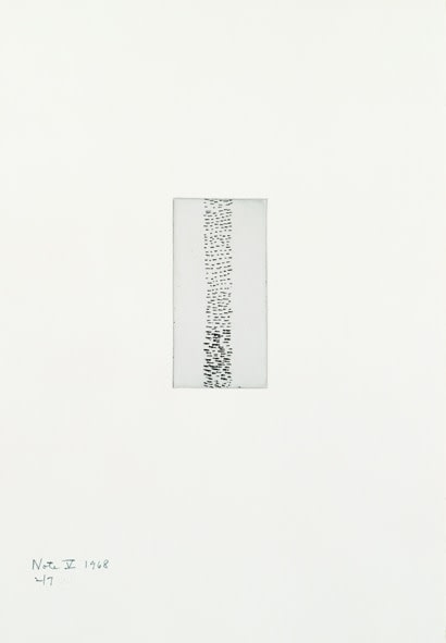 Barnett Newman

Note V, 1968

Etching, printed in black on Italia white wove paper

5 15/16 x 2 15/16 inches, Plate

19 7/8 x 14 inches, Sheet

Edition of 7

Private Collection