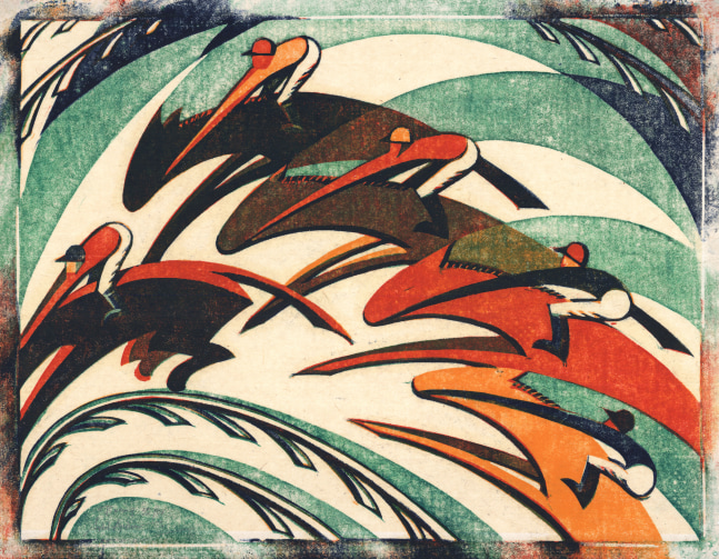 Sybil Andrews (1898-1992)
Racing, 1934
Four color linocut
10 3/4 x 14 1/8 inches, image
12 x 15 inches, sheet
Edition of 60, Signed, titled, and numbered lower left recto: &amp;ldquo;Racing&amp;rdquo; Sybil Andrews

&amp;nbsp;