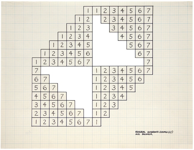 Mel Bochner (b. 1940)
Reversal Quadrants (Stepped [7]), 1966
Ink on graph paper (cut out)
17 x 22 inches
Signed and titled lower right recto: Reversal Quadrants (Stepped [7]) Mel Bochner