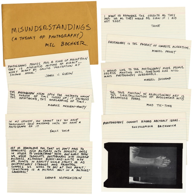 Mel Bochner
Misunderstandings (A Theory of Photography), 1970
10 offset lithographs and envelope
6 x 9 inches, envelope; 5 x 8 inches, each card