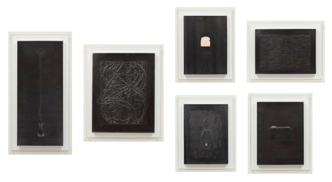 Jasper Johns

Lead Relief Series, 1969&amp;nbsp;
Six lead reliefs with some variations: embossed sheet lead with mirror (High School Days); with tin leaf and cast gold (The Critic Smiles); and with oil on paper hand-painted by the artist (Bread)&amp;nbsp;
23 x 17 inches, High School Days&amp;nbsp;
23 x 17 inches, The Critic Smiles&amp;nbsp;
17 x 23 inches, Flag&amp;nbsp;
39 x 17 inches, Light Bulb&amp;nbsp;
23 x 17 inches, Bread&amp;nbsp;
30 x 23 1/2 inches, 0 through 9&amp;nbsp;
Edition of 60&amp;nbsp;

ULAE 72-6&amp;nbsp;&amp;nbsp;