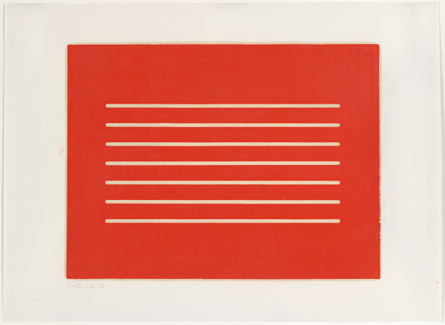 Donald Judd
Untitled, 1961-79
Woodcut in cadmium red on offset paper
21 1/2 x 29 inches