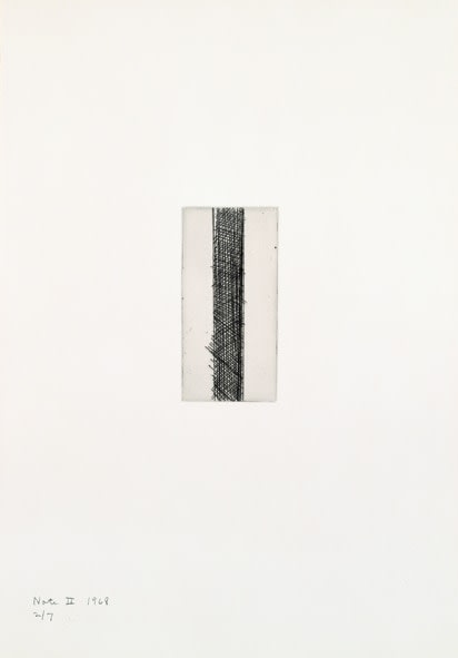 Barnett Newman

Note II, 1968

Etching, printed in black on Italia white wove paper

5 15/16 x 2 15/16 inches, Plate

19 7/8 x 14 inches, Sheet

Edition of 7

Private Collection