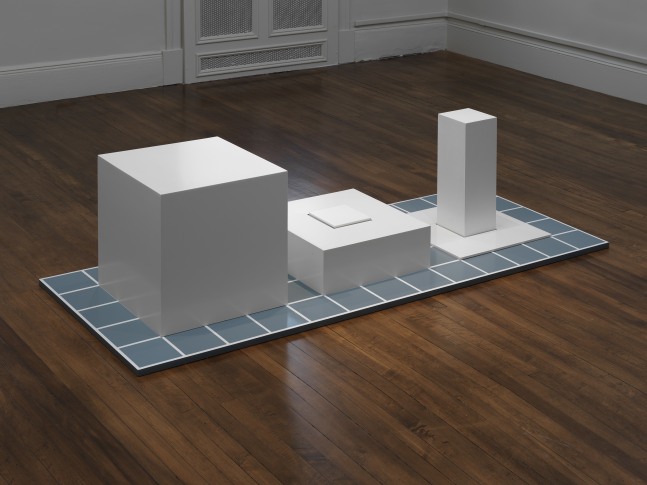 Sol LeWitt (1928-2007)
Serial Project #1 (D 3 5 7), 1985
White enamel on steel, six elements
Base: gray enamel on steel with white grid
Painted metal base: 82 1/2 x 32 x 1 inches
Large painted metal cube: 19 1/4 x 19 1/4 x 19 1/4 inches