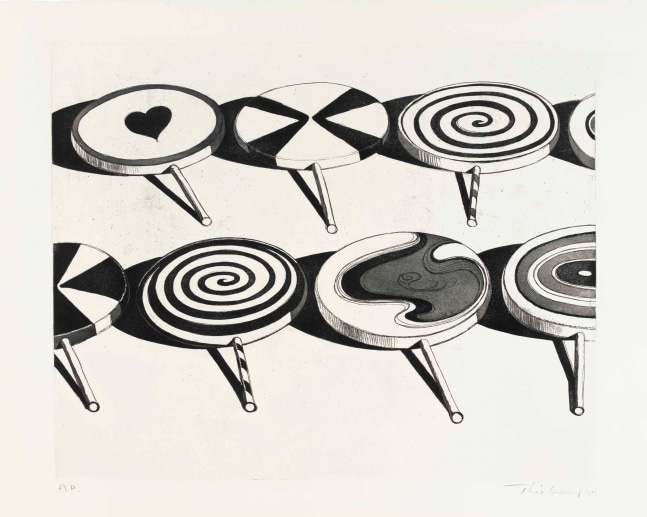 Wayne Thiebaud (b. 1920)
Black Suckers, from Seven Still Lifes and a Silver Landscape, 1971
Aquatint
17 1/2 x 21 3/4 inches, image
22 x 29 3/4 inches, sheet
Edition of 50
Signed, dated, and numbered lower recto: Thiebaud 1971