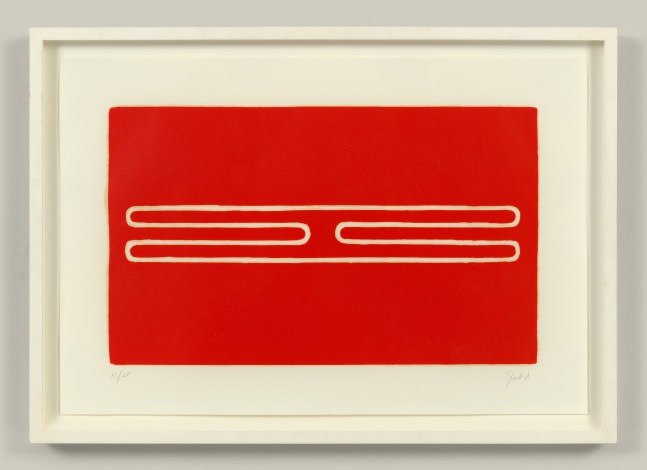 Donald Judd
Untitled,&amp;nbsp;1961-78
Woodcut in cadmium red on offset paper

10 x 16 3/4 inches, image
14 x 20 3/4 inches, sheet
Edition of 25

Schellmann 26