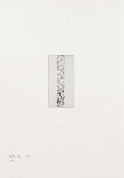 Barnett Newman

Note V, 1968

Etching, printed in black on Italia white wove paper

5 15/16 x 2 15/16 inches, Plate

19 7/8 x 14 inches, Sheet

Edition of 7

Private Collection