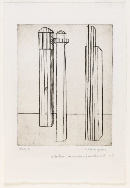 Louise Bourgeois (1911-2010)
He Disappeared into Complete Silence, Plate 3 of 9, 1947
Engraving
6 3/4 x 5 3/8 inches, image
10 x 7 inches, sheet
Signed and inscribed lower recto: Plate 3 L Bourgeois collection museum of modern art N.Y.
Titled and inscribed on verso: He disappeared into complete silence RO401W