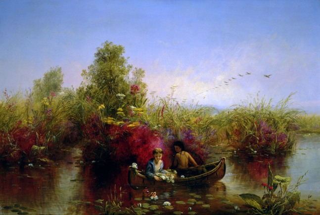 Jerome Thompson (1814–1886). Gathering Waterlilies, 1867. Oil on canvas, 24 ¼ x 36 ¼ in. Signed and dated lower left