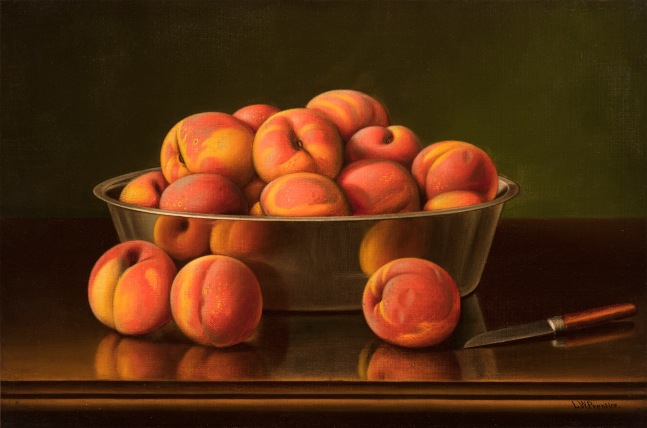 Levi Wells Prentice (1851–1935), Peaches in a Silver Bowl, oil on canvas, 12 x 18 in., signed lower right: L. W. Prentice