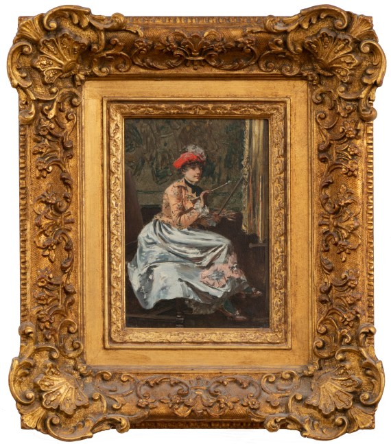 John Bond Francisco (1863–1931). Woman at an Easel, c. 1895. Oil on panel, 10 1/2 x 7 in. Signed (indistinctly) lower right (framed)