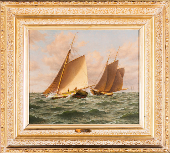 William M. Davis (1829-1920), Schooners at Sea: A Close Shave, oil on canvasboard, 12 x 14 in. signed lower left: Wm M. Davis (framed)