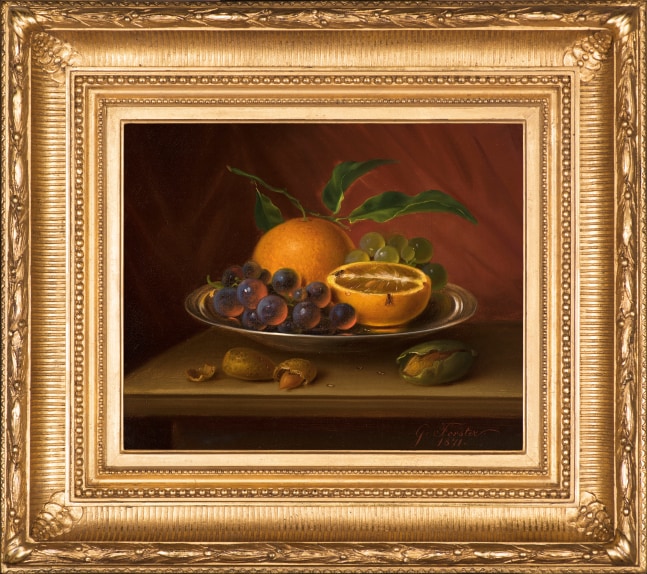 George Forster (1817–1896), Still Life with Fruit, Nuts and Fruit Flies, 1871, oil on canvas, 9 7/8 x 12 in., signed and dated lower right: G. Forster. / 1871. (framed)