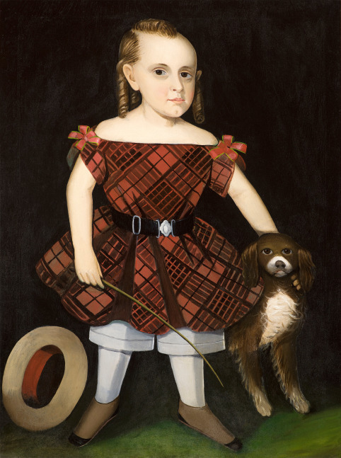 Ammi Phillips (1788–1865), Portrait of a Child in a Plaid Dress with a Dog, oil on canvas, 37 1/2 x 28 1/4 in.