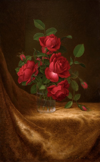 Martin Johnson Heade (1819–1904), Four Roses in a Glass, c. 1883–1900, oil on canvas, 22 x 14 in., signed lower right: M J Heade