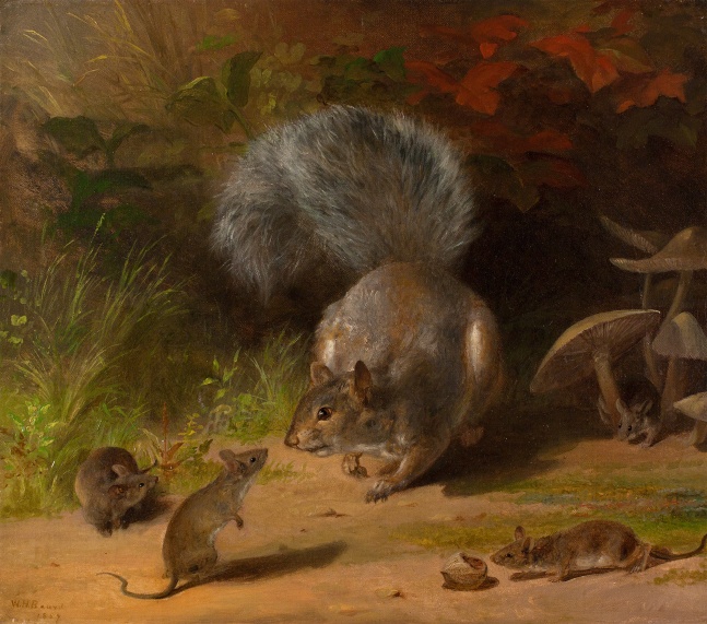 William Holbrook Beard (1824–1900), Squirrel and Mice, 1859. Oil on canvas. 14 1/8 x 16 1/8 in. Signed and dated lower right.