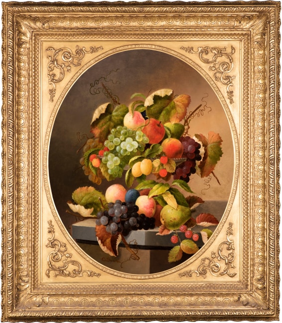 An opulent still life of grapes, pears, apples and plums by Charles Baum (1812–1877), oil on canvas, 30 x 25 in., signed lower left (framed)