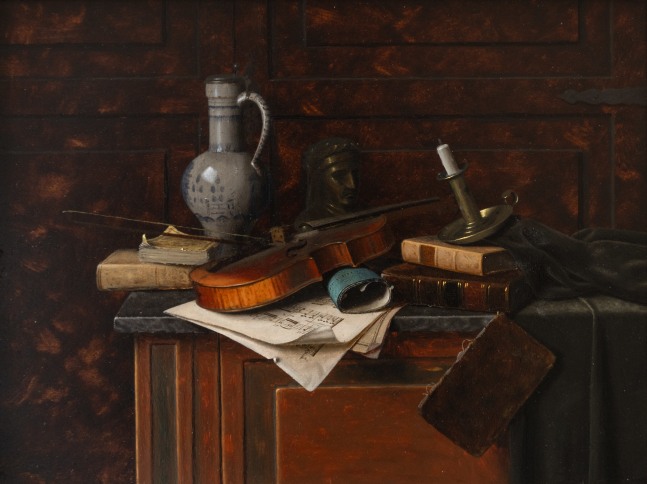 William Michael Harnett (1848–1892). Dutch Jar and Bust of Dante, 1885. Oil on panel, 10 3/8 x 13 3/4 in. Signed and dated lower left.
