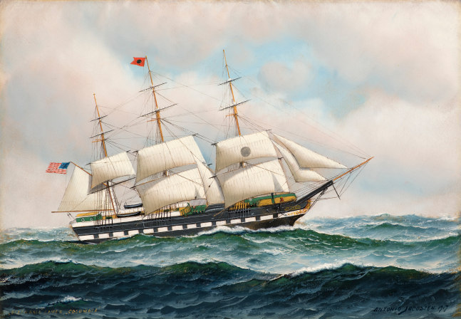 Antonio Jacobsen (1850–1921), The Blackball Liner Columbia, 1917, oil on board, 14 x 19 3/4 in., signed and dated lower right: Antonio Jacobsen 1917, inscribed lower left: Liner Columbia