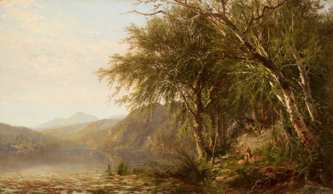 James M. Hart (1828–1901), View of Lake Placid, 1862, oil on canvas, 17 1/2 x 30 in., signed and dated lower right: James M. Hart / 1862, inscribed on verso: View on Placid Lake. / Essex Co. N. Y. / Painted by James M. Hart / 1862