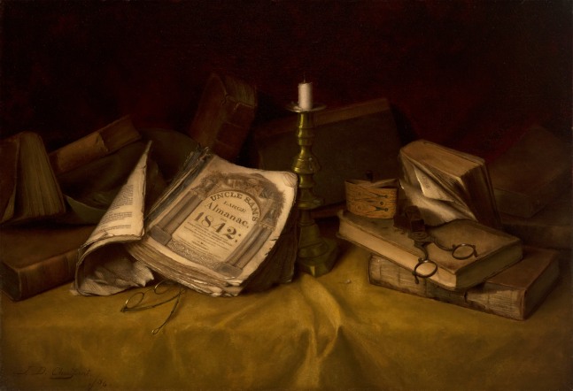 Jefferson David Chalfant (1856–1931), The Old Almanac, 1886, oil on canvas, 17 1/2 x 25 5/8 in., signed and dated lower left: J. D. Chalfant 1886