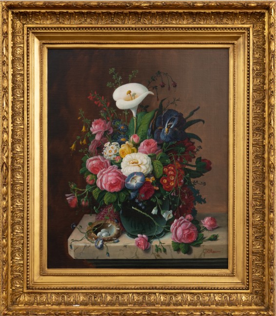 Severin Roesen (1816–c. 1872). Floral Still Life, c. 1870. Oil on canvas. 24 x 20 in. Signed lower right. Framed.