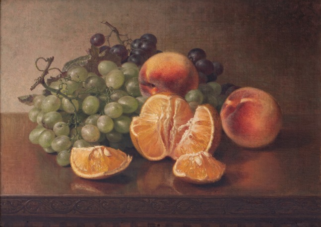 Robert Spear Dunning (1829–1905). Grapes, Peaches and Orange, 1884. Oil on canvas, 11 1/2 x 15 1/2 in. Signed, dated on verso