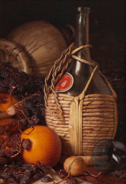 Lemuel E. Wilmarth (1835–1918). Wine Bottles, Walnut, Oranges and Raisins, 1892. Oil on canvas laid down on panel. 13 x 9 in., signed and dated lower right