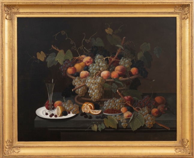 Severin Roesen (1816–c. 1872). Still Life with Champagne and Fruit, 1851. Oil on canvas, 35 3/8 x 45 in., signed and dated lower right: S. Roesen / 1851 (framed)