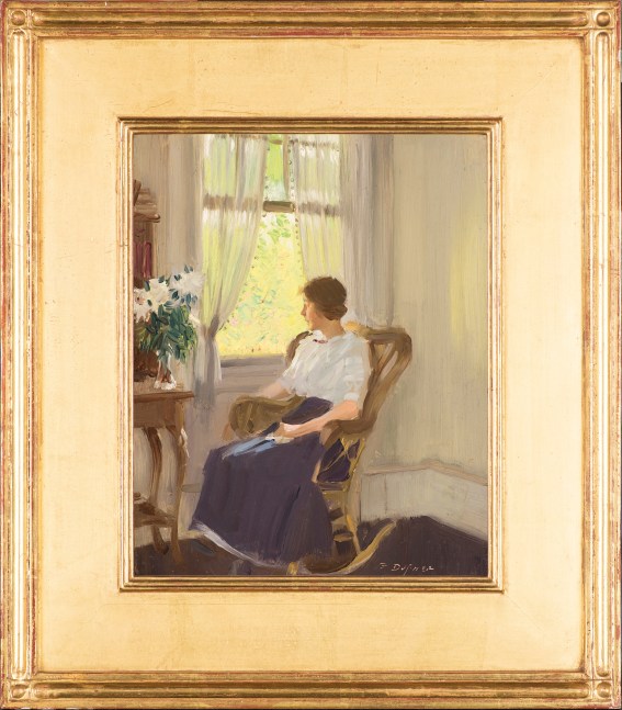 Edward Dufner (1871–1957), By the Window, c. 1911–17, oil on board, 9 3/4 x 7 3/4 in., signed lower left: E. Dufner (framed)