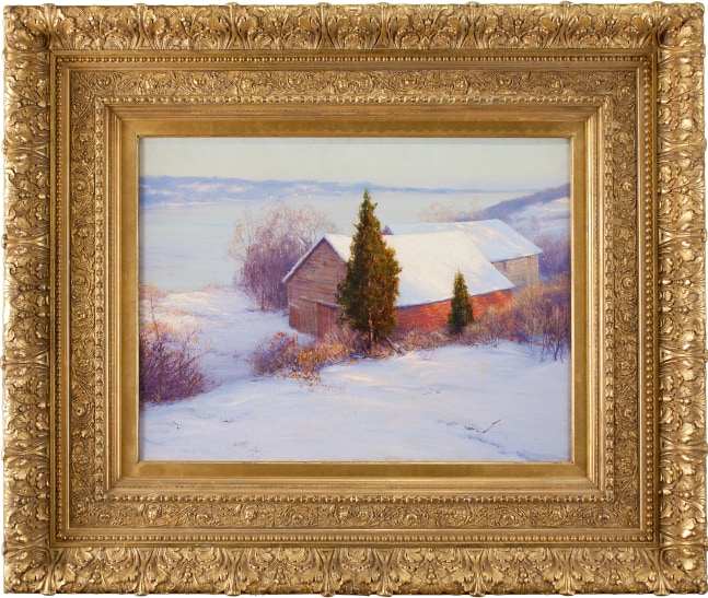 Winter scene of two barns on the shores of the Hudson River by Walter Launt Palmer (1854–1932). Oil on canvas, 21 1/8 x 28 1/8 in., signed lower left (framed)