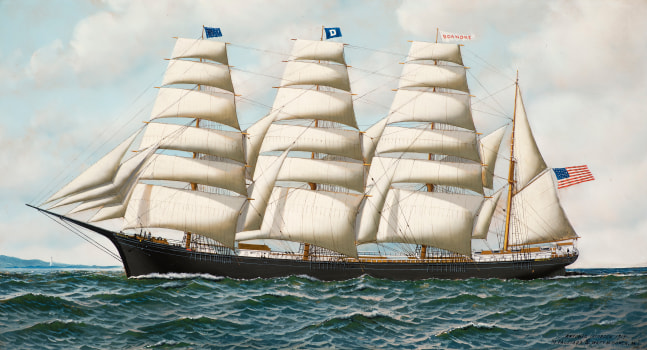 Antonio Jacobsen (1850–1921), The Four Masted Barque Roanoke under full sail, 1914, oil on board, 19 1/2 x 35 1/2 in., signed, dated and inscribed lower right: Antonio Jacobsen 1914/ 31 Palisade Av. West Hoboken. NJ