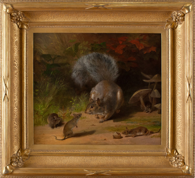 William Holbrook Beard (1824–1900), Squirrel and Mice, 1859. Oil on canvas. 14 1/8 x 16 1/8 in. Signed and dated lower right: W. N. Beard / 1859 (framed)