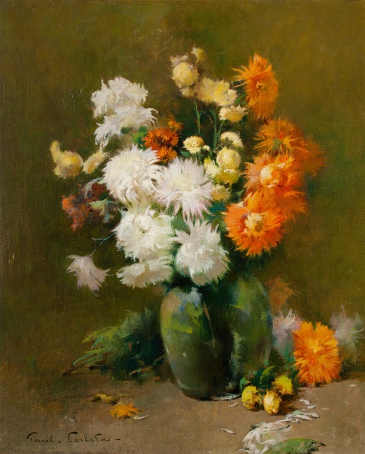 Søren Emil Carlsen (1853–1932), Chrysanthemums, 1898, oil on canvas, 24 x 20 in., signed lower left: Emil . Carlsen – Inscribed on verso: &quot;Chrysanthemums&quot; / Emil Carlsen – / London 98 –