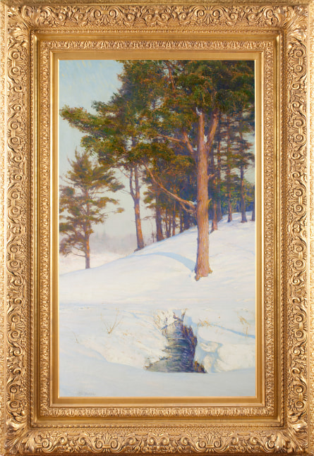 Walter Launt Palmer (1854–1932), Winter Landscape with Stream, c. 1911, oil on canvas, 40 x 24 in., signed lower left