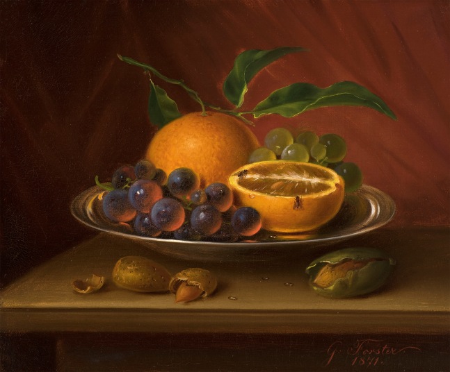 George Forster (1817–1896), Still Life with Fruit, Nuts and Fruit Flies, 1871, oil on canvas, 9 7/8 x 12 in., signed and dated lower right: G. Forster. / 1871.