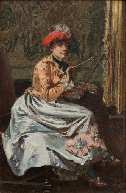 John Bond Francisco (1863–1931). Woman at an Easel, c. 1895. Oil on panel, 10 1/2 x 7 in. Signed lower right