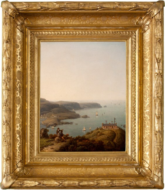 Robert Salmon (1775–c. 1858), South Stack Lighthouse and the Holyhead Signal Station, Anglesey, Wales, 1842, oil on board, 10 x 8 in., titled and dated on verso (framed)