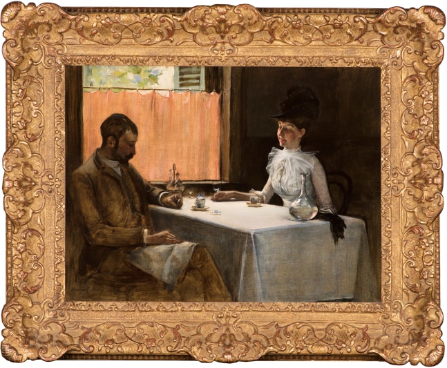 Irving Ramsey Wiles (1861–1948), The Loiterers, 1887, oil on canvas, 18 x 24 in., signed and dated lower left: Irving R. Wiles 1887. The artist and his wife seated in a Parisian cafe. (framed)