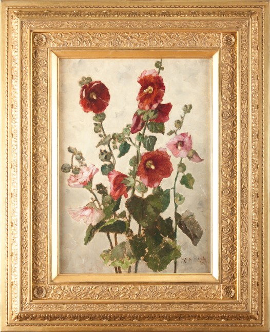 Max Weyl (1837–1914), Hollyhocks, c. 1881, oil on canvas, 21 1/4 x 15 in., signed lower right: Max Weyl / 8… (framed)