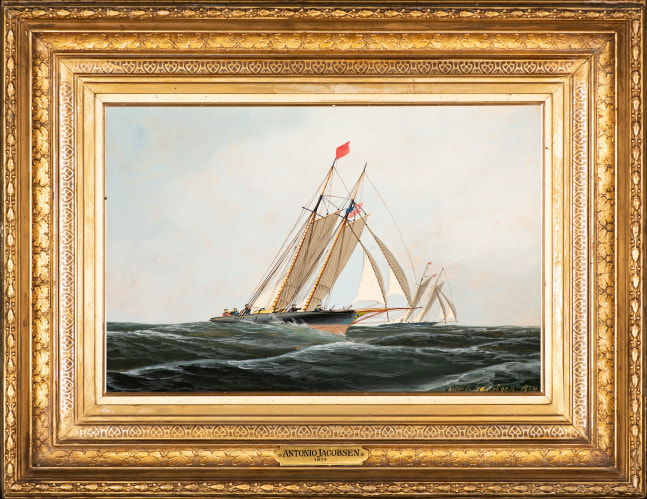 Antonio Jacobsen (1850–1921), The Yacht Race, 1874, oil on board, 9 1/2 x 14 1/4 in., signed and dated lower right: Antonio Jacobsen 1874 (framed)