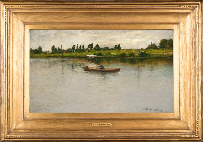 William Merritt Chase (1849–1916), Pulling for Shore, c. 1886, oil on panel, 17 3/4 x 30 in., signed lower right: Wm. M. Chase, framed, a woman rowing on a lake