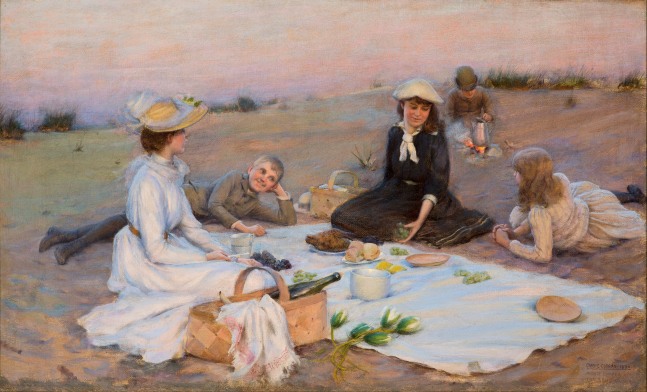 Charles Courtney Curran (1861–1942), Picnic Supper on the Sand Dunes, 1890, oil on canvas, 12 x 20 in., signed, dated, and titled lower right: Chas. C. Curran 1890 / Picnic Supper on / the Sand Dunes