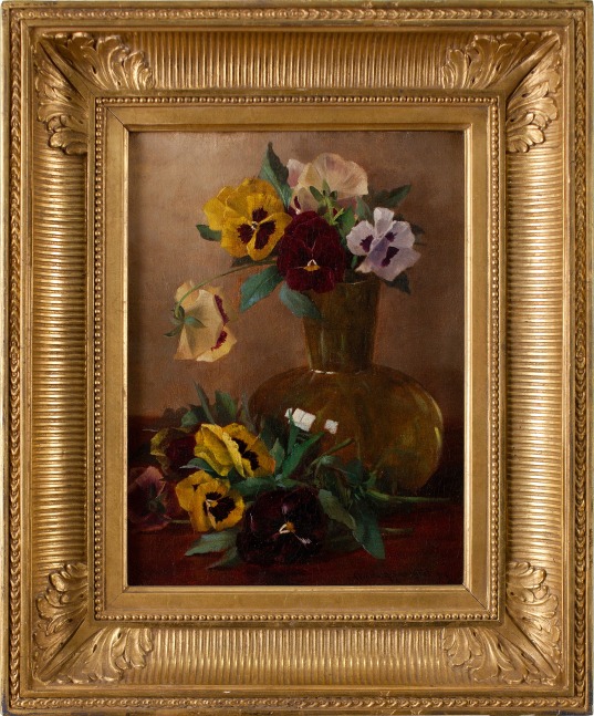 Claude Raguet Hirst (1855–1942)  Pansies in a Glass Vase, c. 1882. Oil on canvas. 12 x 9 in. Signed lower right: Claude Raguet Hirst NY (framed)
