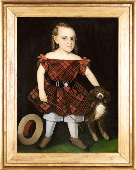 Ammi Phillips (1788–1865), Portrait of a Child in a Plaid Dress with a Dog, oil on canvas, 37 1/2 x 28 1/4 in. (framed)