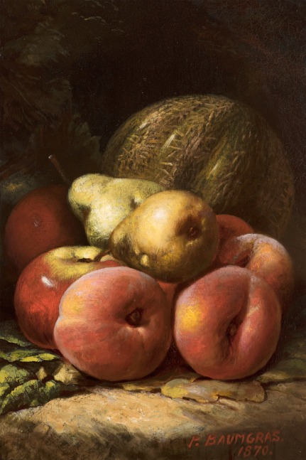 Peter Baumgras (1827–1903), Still Life with Fruit, 1870, oil on board, 12 x 8 in., signed and dated lower right: P. Baumgras / 1870
